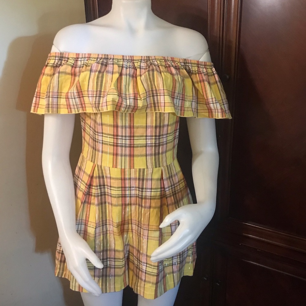 🆕 La Scala USA Yellow Plaid Print Shorts Romper-S